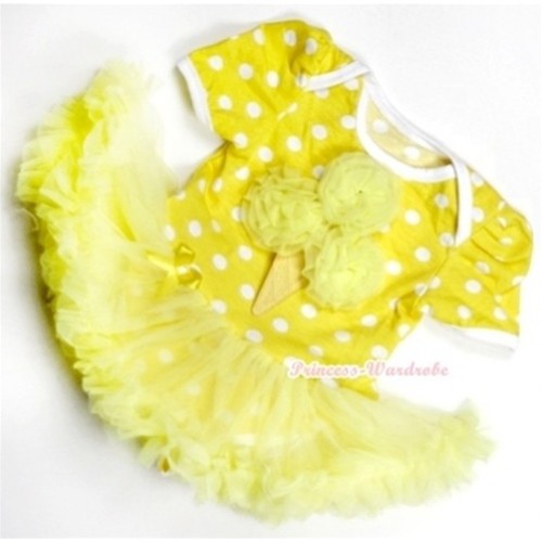 Yellow White Polka Dots Baby Jumpsuit Yellow Pettiskirt with Yellow Rosettes Ice Cream Print JS175 